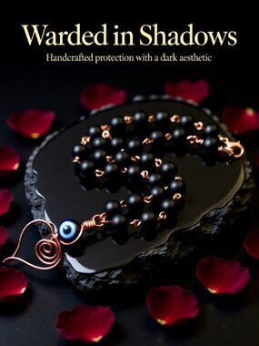 Handmade & Unique! Wire Wrapped Heart Necklace ~ Black Stone + Copper ~ Evil Eye